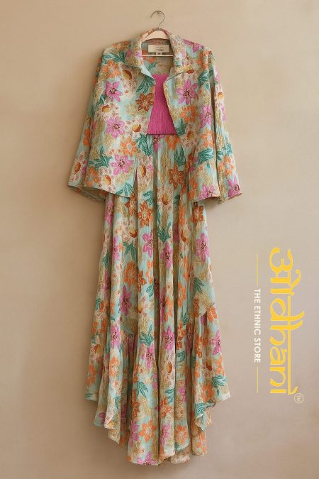 Georgette skirt with top and embroidery jacket